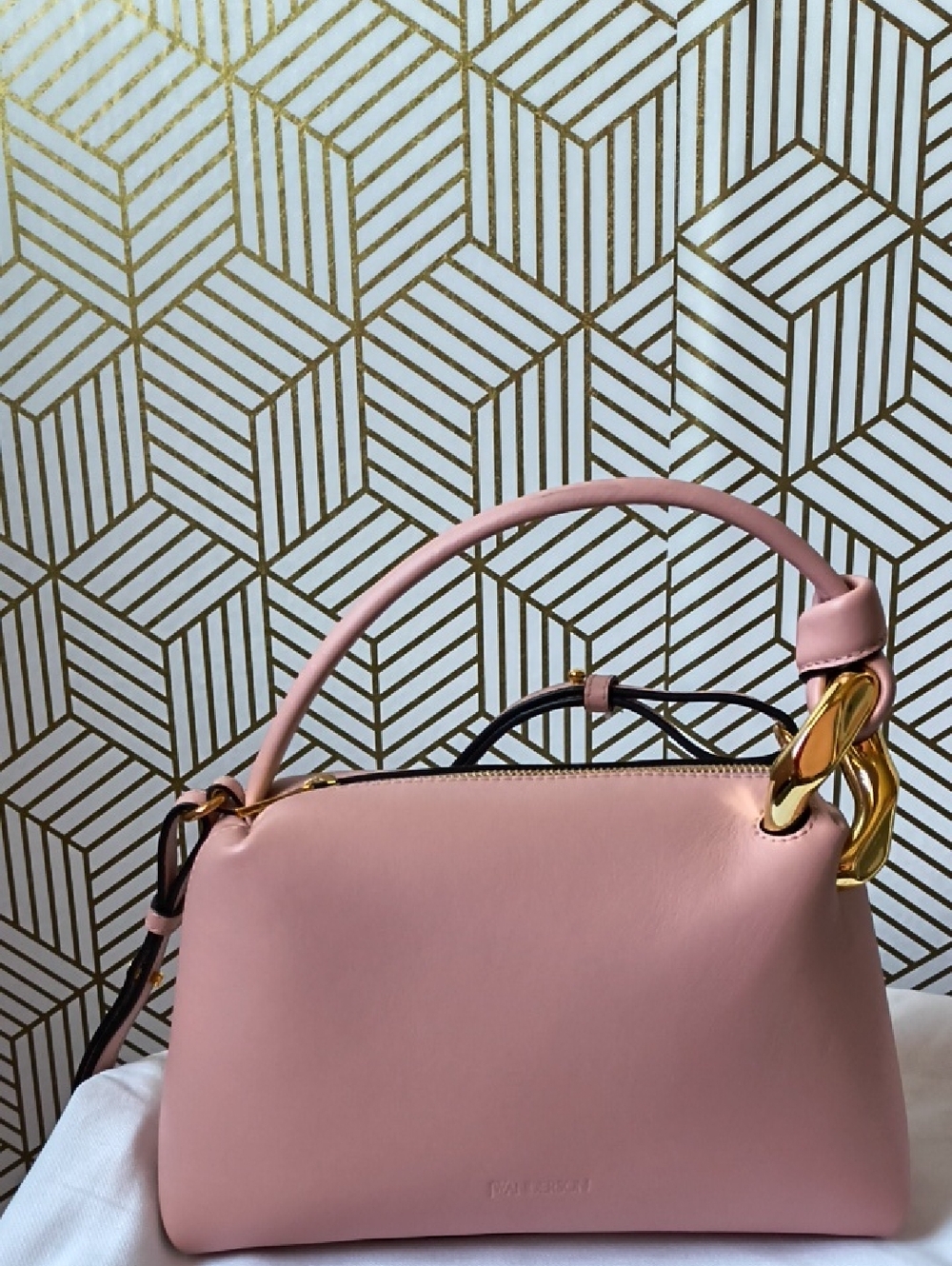 JW Anderson Pink Leather Top-Handle Crossbody Bag with Gold Chain Link